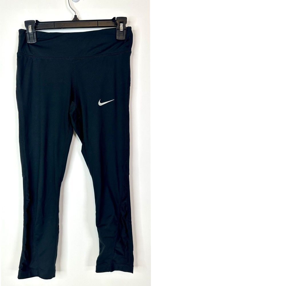 Nike Leggings Womens Small Cropped‎ Mesh Panels Dri Fit Running Black Athletic